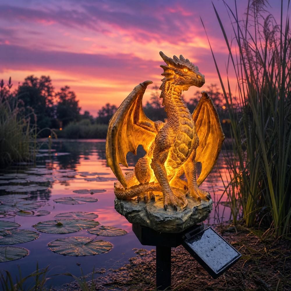 💥LAST DAY 50% OFF🐉✨Solar Dragon Garden Statue Light – Golden Ember Fantasy Outdoor Decor